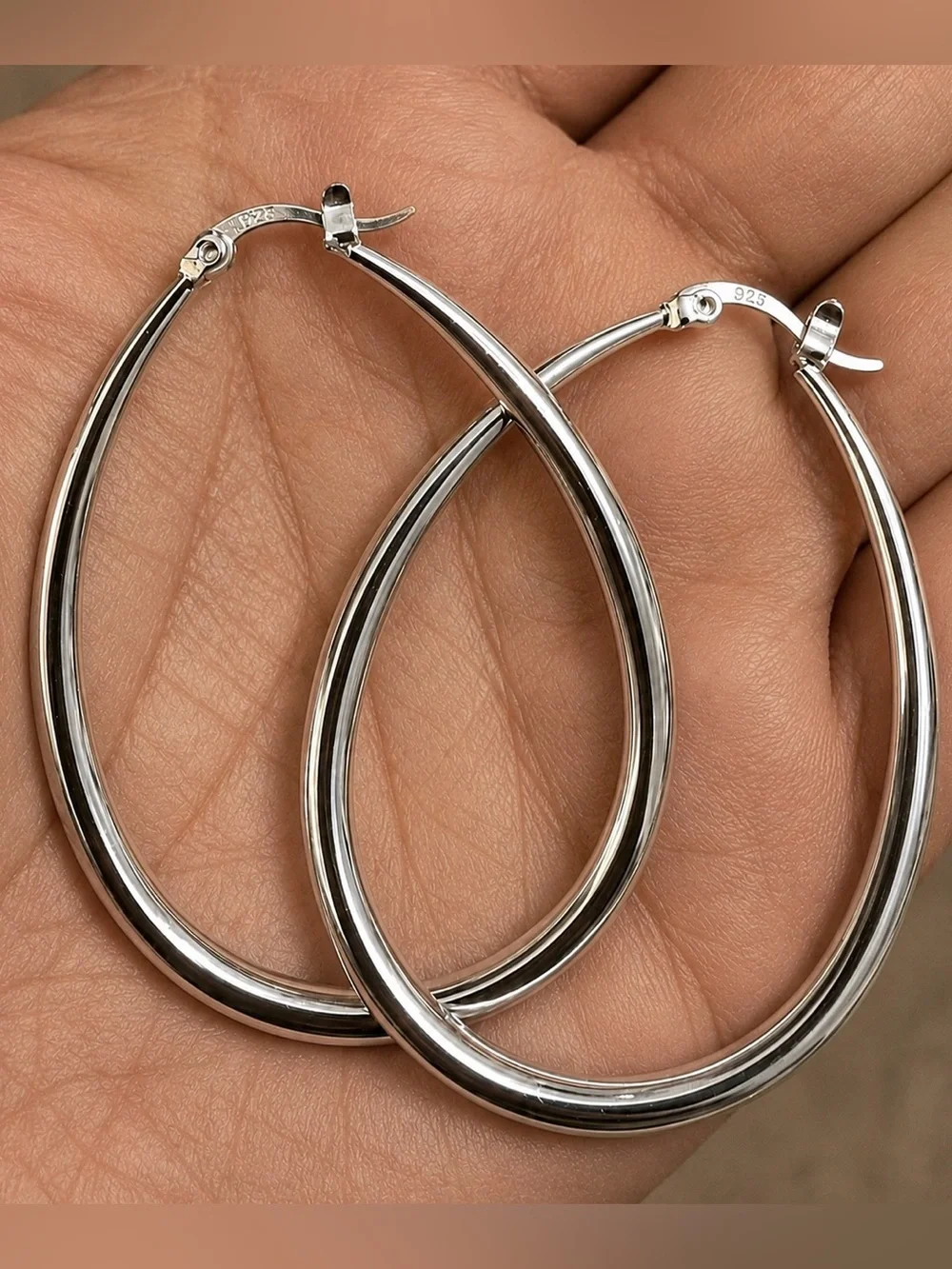 925 Sterling Silver Big Oval Hoop Earrings | Statement Silver Hoops - Picture 2 of 7
